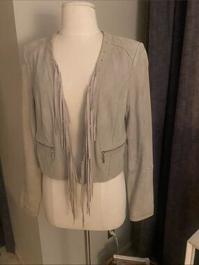 White House Black Market Light Gray Suede Fringe Leather Jacket